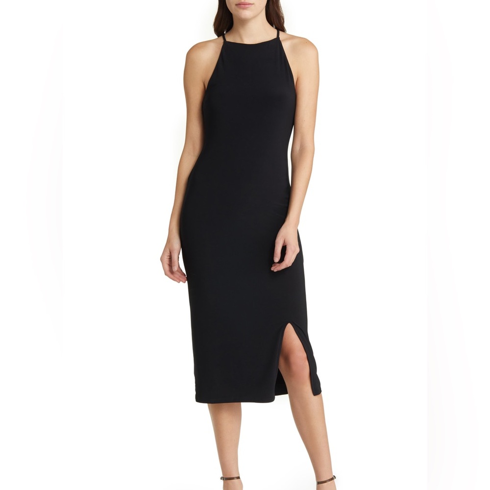 ZARA Black Halter Dress Crinkle Cami Tank Open Back Size S Cotton Midi Maxi